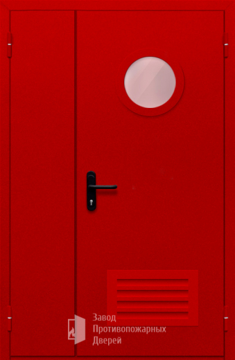 Фото двери «Полуторная с круглым стеклом и решеткой (красная)» в Зарайску